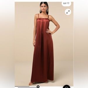 Lulu's Modern Poise Rust Red Satin Pleated Sleeveless Maxi Dress